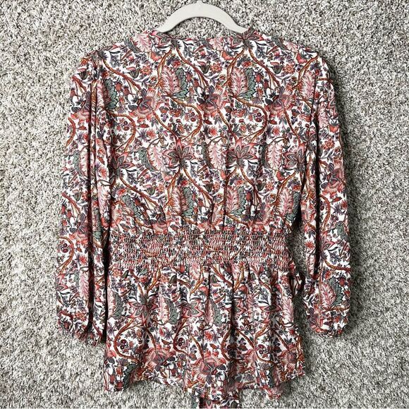 Max Studio Top Women’s Small Crepe Tie Front 3/4 Sleeve Smocked Back Paisley NWT - Picture 6 of 7